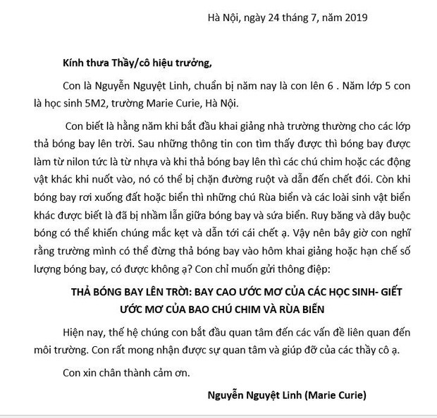 Mẹ cô bé lớp 5 viết thư mong các trường không thả bóng bay: Hy vọng lớn lên, con sẽ không chịu áp lực vì bức thư hôm nay - Ảnh 1.