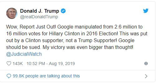 Ông Trump cáo buộc Google thao túng cử tri Mỹ trên Twitter, bà Clinton ngay lập tức viết tweet đáp lại - Ảnh 1.