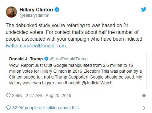 Ông Trump cáo buộc Google thao túng cử tri Mỹ trên Twitter, bà Clinton ngay lập tức viết tweet đáp lại - Ảnh 2.