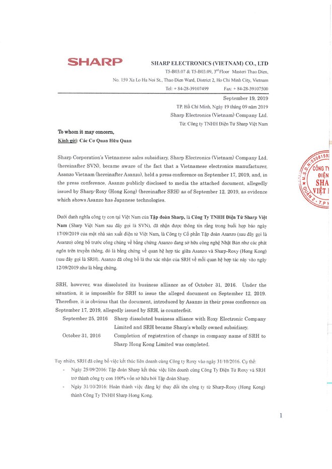 Sharp tuyên bố văn bản Asanzo dùng để minh oan là giả mạo, sẽ khởi kiện để bảo vệ thương hiệu - Ảnh 3.