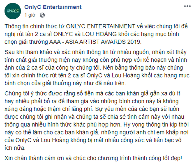 Thêm Only C, Lou Hoàng, Min và loạt ca sĩ rút tên khỏi đề cử, BTC AAA 2019 quyết định hủy bỏ hạng mục của nghệ sĩ Việt - Ảnh 7.