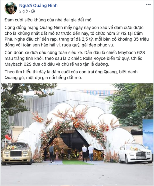 Xôn xao thông tin siêu đám cưới tại Quảng Ninh: Tiền trang trí rạp 2,5 tỷ, cỗ có cả cua Hoàng Đế, rước dâu toàn Rolls Royce - Ảnh 1.