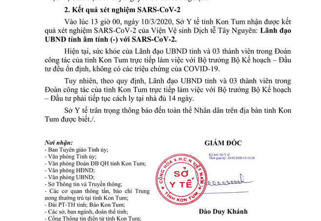Lãnh đạo UBND tỉnh Kon Tum có kết quả xét nghiệm âm tính với Covid-19, tiếp tục cách ly 14 ngày - Ảnh 1.