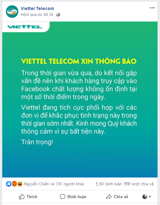 Viettel và VNPT đăng thông báo xin lỗi người dùng về việc truy cập Facebook không ổn định - Ảnh 1.