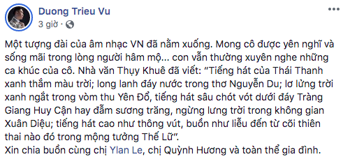 Loạt sao Việt nổi tiếng thương tiếc khi nghe tin danh ca Thái Thanh qua đời - Ảnh 3.
