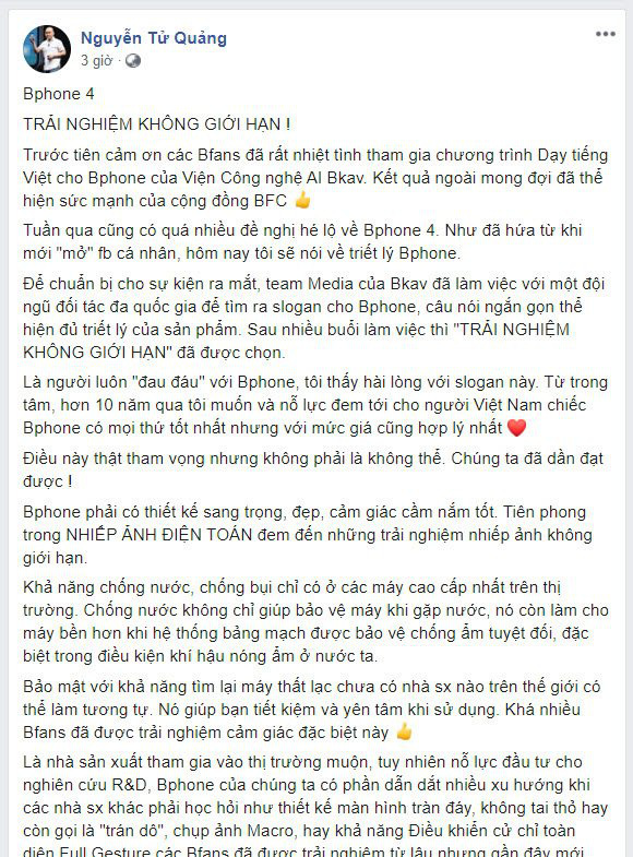 CEO Bkav Nguyễn Tử Quảng khoe slogan mới, khẳng định Bphone luôn có mọi thứ tốt nhất - Ảnh 1.