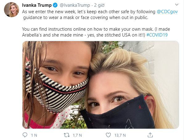 Con gái Tổng thống Trump gây bất ngờ khi đăng hình ảnh đeo khẩu trang tự làm ở nhà, vẫn xinh đẹp thần thái không kém gì Đệ nhất phu nhân Mỹ - Ảnh 1.