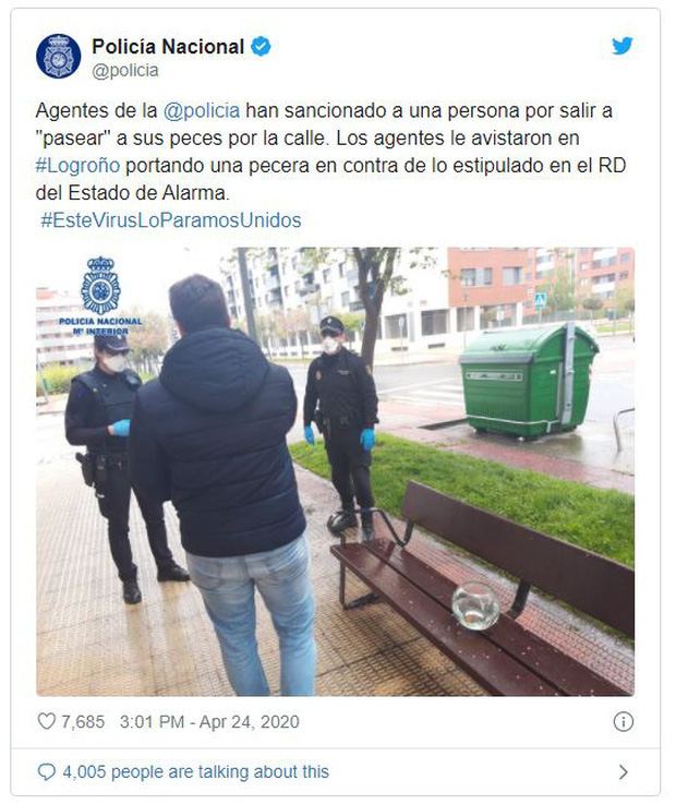 Tây Ban Nha: Bắt giữ người đàn ông vi phạm cách ly xã hội với lí do ra đường dắt cá vàng đi dạo - Ảnh 2.