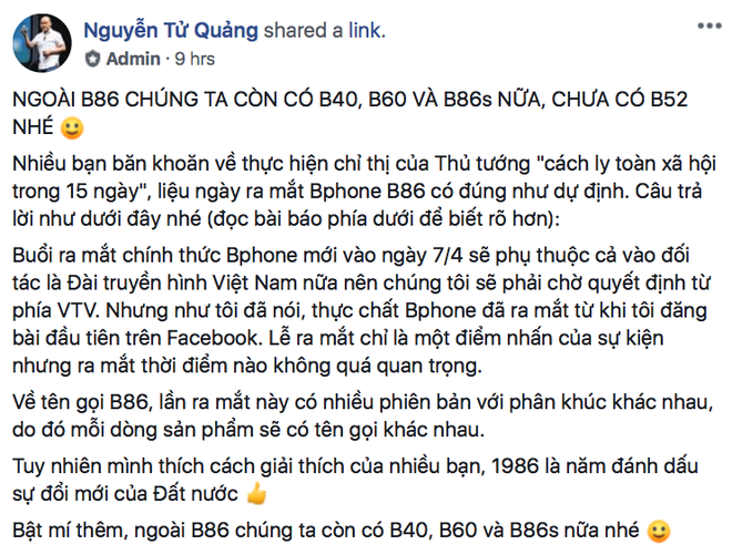 CEO BKAV Nguyễn Tử Quảng: Bphone mới sẽ có 4 phiên bản gồm Bphone B40, B60, B86, B86s - Ảnh 1.