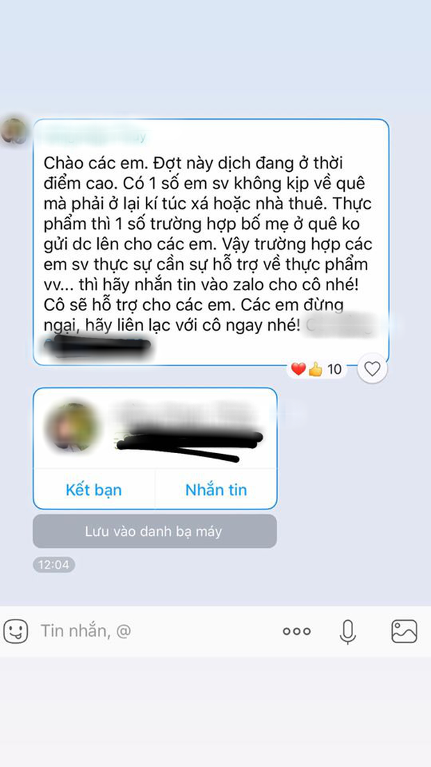 Sợ sinh viên “cách ly xã hội” một mình, cô giáo nhắn tin siêu ưng bụng: Đừng ăn mỳ tôm, nhắn cô mang thực phẩm hoặc tiền sang cho - Ảnh 1.