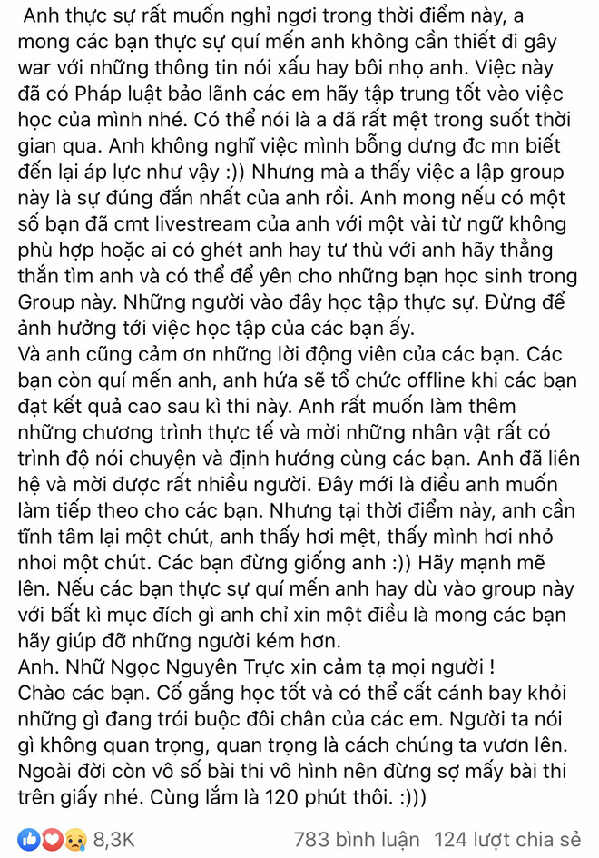 Thầy giáo Toán soái ca sút 3 cân, ngừng giảng dạy livestream vì sự soi mói quá lớn của dân mạng vào đời tư - Ảnh 4.