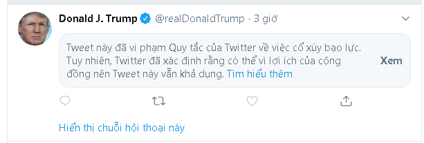 Tổng thống Trump đăng tweet mới, ngay lập tức bị Twitter ẩn đi vì lý do kích động bạo lực - Ảnh 2.