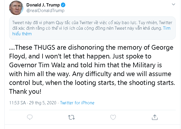 Tổng thống Trump đăng tweet mới, ngay lập tức bị Twitter ẩn đi vì lý do kích động bạo lực - Ảnh 3.