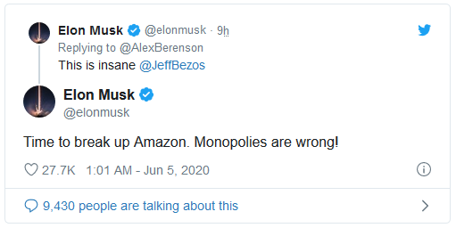 Vừa tuyên bố nghỉ chơi Twitter, Elon Musk đã đăng tweet chọc ngoáy ông chủ Amazon - Ảnh 2.