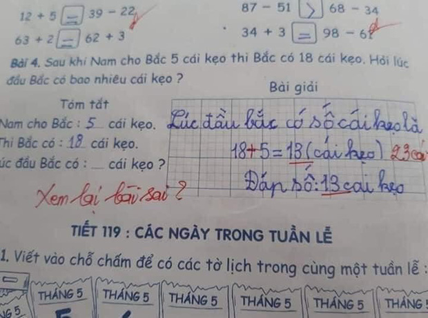 Yêu cầu tính số kẹo, học trò tính đúng 18-5=13 nhưng vẫn bị gạch bỏ: Dân mạng chỉ ra lỗi sai kinh điển của giáo viên - Ảnh 1.