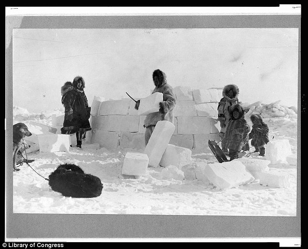 Igloo building: A family of Eskimos containing four children and three dogs are seen surrounding the work of an igloo gradually built up from the surrounding snow