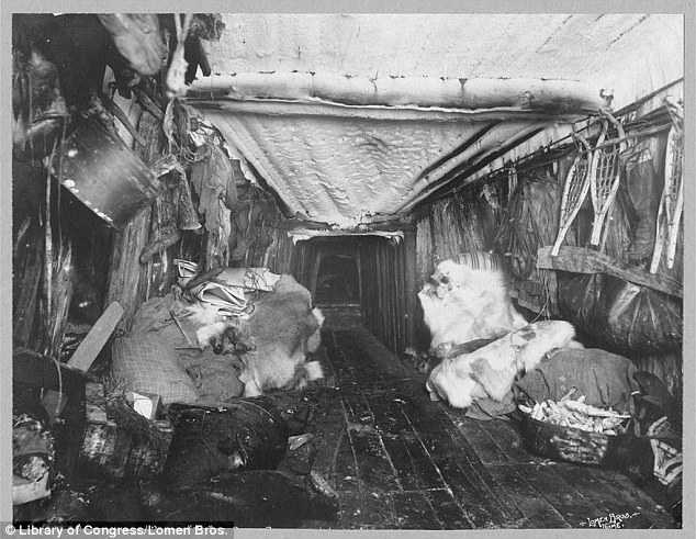 Indoors: The inside of an Eskimo hut lined with wood and animal skins in 1916 is seen