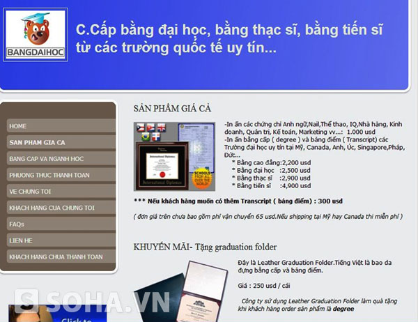 Lời quảng cáo trên trang mạng chuyên lừa đảo làm bằng giả các trường đại học quốc tế.