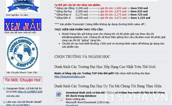 Giá cả cho từng loại 