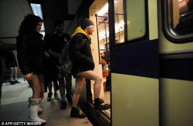Sofia so good: Passengers without pants queue to board a train and provide amusement to fellow travellers on the train in Sofia