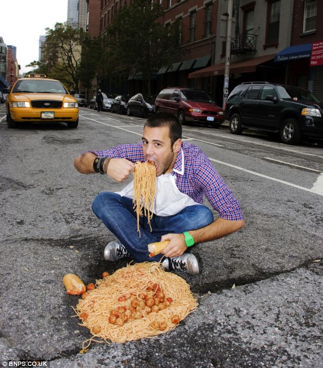 Tasty: In one image a pothole transforms into a bowl which a man enjoys eating spaghetti and meatballs from