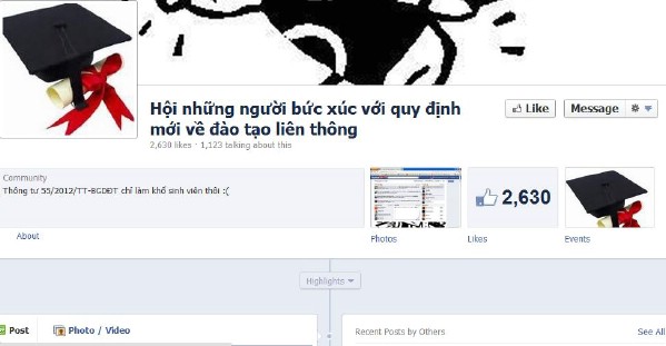 Cộng đồng mạng lập trang facebook Hội những người bức xúc với quy định mới về đào tạo liên thông để kêu gọi mọi người lên tiếng ủng hộ, đòi lại công bằng cho sinh viên CĐ.