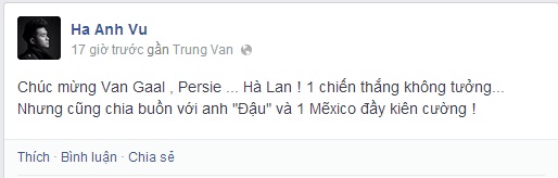 Hà Lan là đội bóng kết hợp tên bố + mẹ Hà Anh nên nam ca sĩ này rất yêu thích!