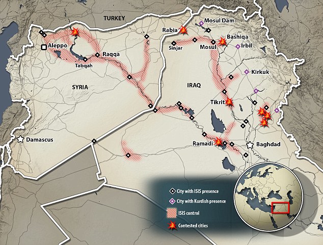 Các lãnh đạo quân đội Mỹ cho hay có khoảng 2/3 trong số 31.000 chiến binh IS đóng trên lãnh thổ Syria. Mỹ cũng đã gia tăng tần suất các chuyến bay giám sát. Ảnh: Daily Mail.