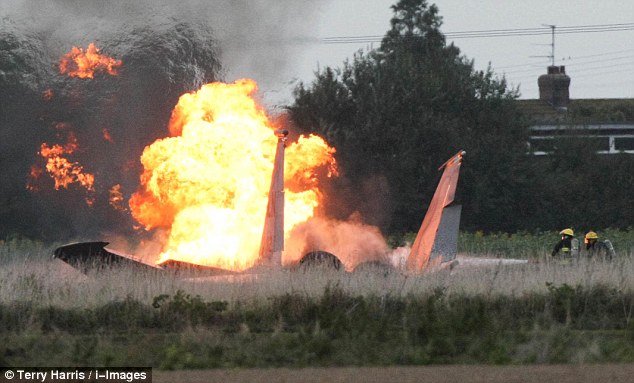 Blaze: The military aircraft went up in flames after coming down around 3.30pm as it was flying near Spalding