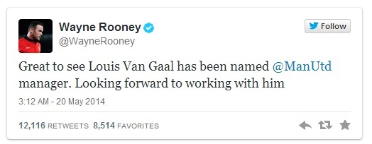 Dòng chữ chào đón Van Gaal của Rooney   