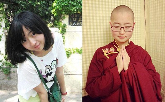 Ting Tiến dẫn đầu cuộc sống của bất kỳ cô gái tuổi teen đặc quyền khác (trái) trước khi đưa ra quyết định ấn tượng từ bỏ tất cả tài sản của mình và trở thành một tu sĩ Phật giáo (bên phải)
