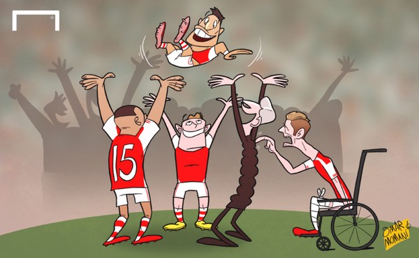 HLV và các cầu thủ Arsenal tung hô Sanchez sau khi tuyển thủ Chile ghi bàn thắng duy nhất đưa Arsenal đến vòng bảng Champions League năm 17 liên tiếp. Đồng thời Giroud đang gặp chấn thương bị lãng quên.