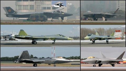 Từ trên xuống dưới là 3 loại chiến đấu cơ thế hệ 5 của Trung Quốc (J-20), Nga (T-50) và Mỹ (F-22)