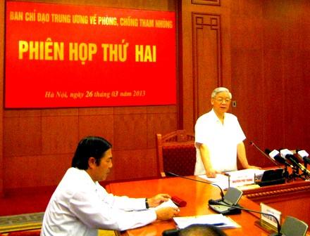 Tổng Bí thư Nguyễn Phú Trọng phát biểu tại Hội nghị toàn quốc về công tác phòng, chống tham nhũng hồi tháng 5/2014
