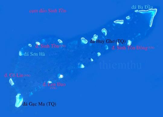 Đảo Gạc Ma (của Việt Nam bị Trung Quốc chiếm năm 1988) chỉ cách đảo Cô Lin 1,9M (3,5km), đảo Len Đao 6,8M (13km) 