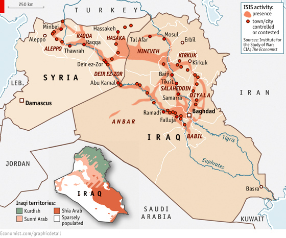 Bản đồ chiến sự Iraq tháng 8.2014 do tờ The Economist đăng tải. Vùng màu cam đậm là vùng ISIS chiếm giữ, các thành phố có màu cam đậm là ISIS kiểm soát hoàn toàn hoặc đang có giao tranh.