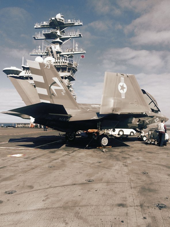 F-35C test article CF-03 with wings folded aboard USS Nimitz. CF-03 conducted the first F-35C night-flight from a carrier. (IHS/Marina Malenic)