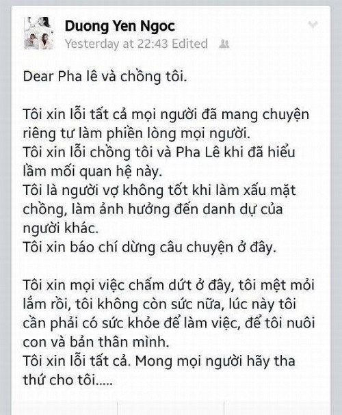 Pha Le, scandal Pha Le, ca si Pha Le, Pha Le bi to giat chong, Pha Le giat chong, Pha Le giat chong Duong Yen Ngoc,Pha Le kien vo chong Duong Yen Ngoc,