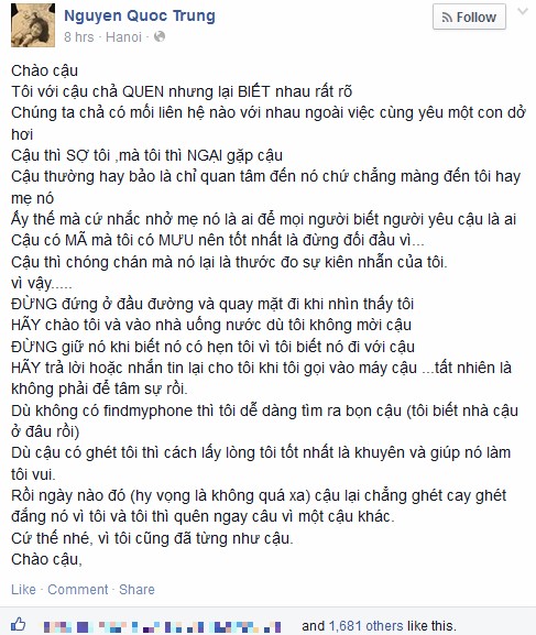 Dân mạng thích thú với thư Quốc Trung gửi người yêu con gái