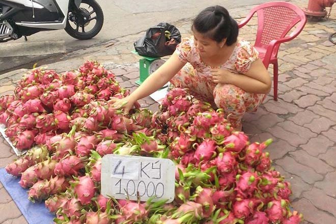 Thanh long bày bán trên lề đường Trương Định, TP.Tân An.