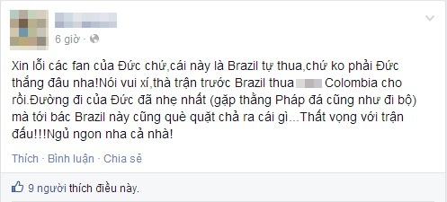 Một fan Brazil coi nhẹ chiến thắng của Đức