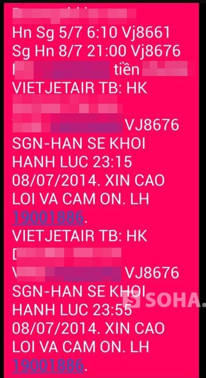 2 lần gửi tin nhắn báo hoãn chuyến bay của Vietjet Air
