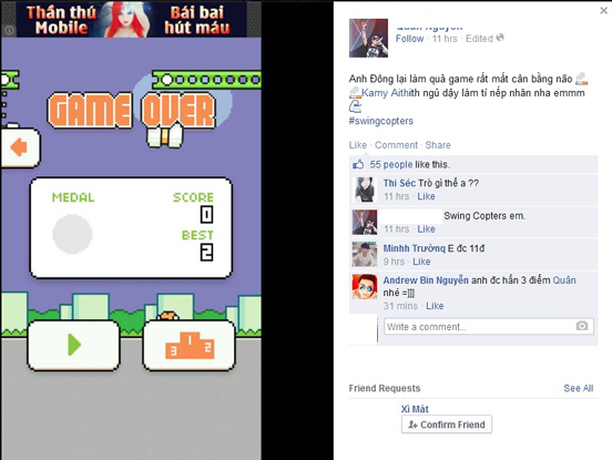 Dân mạng la oai oái khi chơi Swing Copters vì quá khó