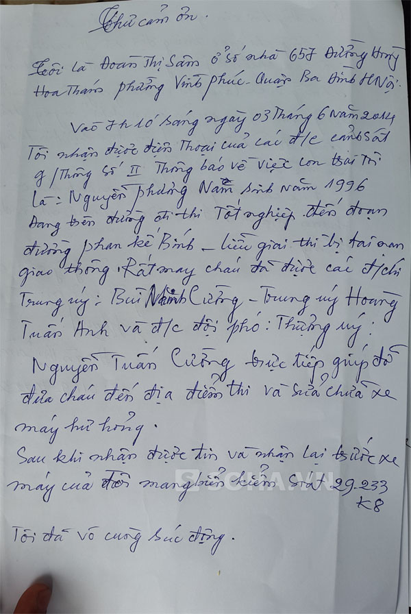 Lá thư là lời cảm ơn đầy xúc động của phụ huynh học sinh đối với các chiến sỹ CSGT.