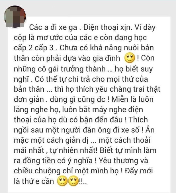 Những chàng hoàng tử đi xe đẹp, vẻ ngoài bóng loáng giàu sang giờ chỉ còn là ước mơ của những cô gái học cấp 2, cấp 3 mơ mộng...Còn đối với những cô gái trưởng thành, họ thực tế và họ cần những người đàn ông giản dị, biết trân trọng những thứ mình làm ra, biết yêu thương người phụ nữ của mình