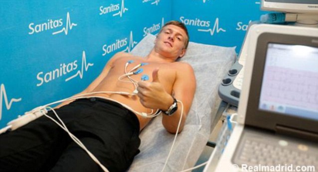 Check-up: The Germany international gives a thumbs up during his medical at Real Madrid