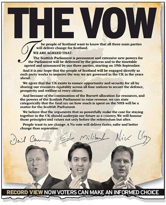 David Cameron, Ed Miliband và Nick Clegg thề sẽ trao thêm quyền lực cho Edinburgh. Hiện ông Cameron đang đối mặt với nhiều chỉ trích từ trong nước vì những hứa hẹn của mình.