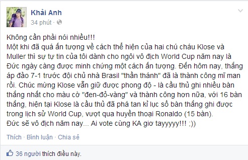 Nam ca sĩ Khải Anh thì tự tin rằng Đức sẽ vô địch World Cup năm nay!