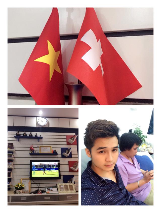 Hà Anh đang rất chăm chú theo dõi World Cup 2014 - đây là ảnh chàng ca sĩ đang cổ vũ Thụy Sĩ khi đụng độ Argentina