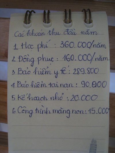 Sổ tay ghi lại các khoản tiền phải nộp đầu năm học 2014 của một học sinh lớp 8 ở huyện Giá Rai, tỉnh Bạc Liêu Ảnh: DUY NHÂN